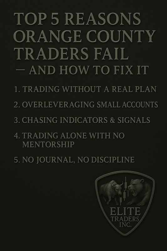 List graphic showing the top 5 reasons Orange County traders fail with Elite Traders Inc. logo on a black background