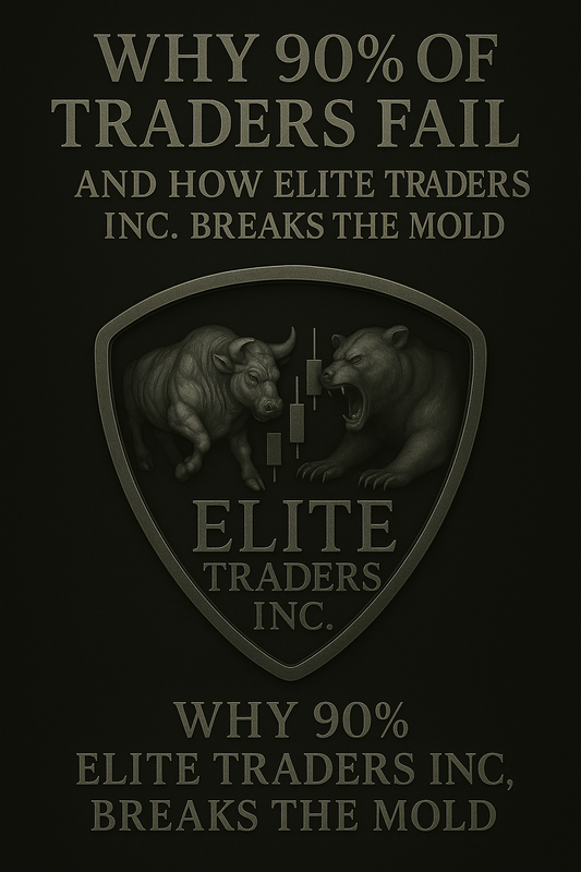Promotional graphic with bold metallic text reading ‘Why 90% of Traders Fail and How Elite Traders Inc. Breaks the Mold,’ featuring a frosted metallic Elite Traders Inc. logo on a black background.”