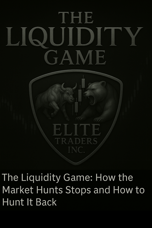 Frosted metallic graphic titled ‘The Liquidity Game: How the Market Hunts Stops and How to Hunt It Back’ featuring the Elite Traders Inc. logo on a dark background