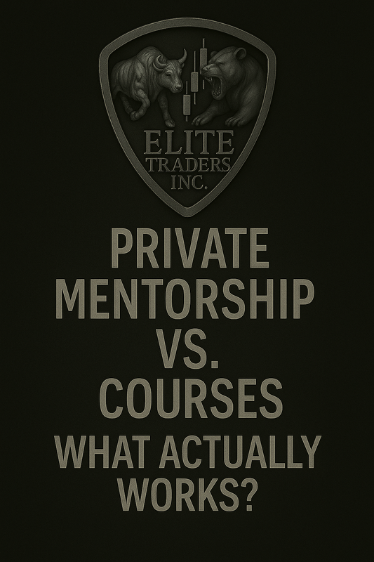 Elite Traders Inc. graphic comparing private mentorship vs. courses with bold frosted metallic text on a black background