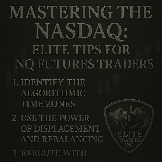 Mastering the Nasdaq tips graphic listing three trading strategies for NQ futures traders with Elite Traders Inc. logo on a black background