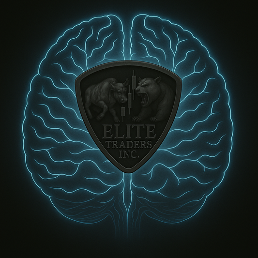 Digital brain graphic with a glowing blue neural outline and the Elite Traders Inc. logo at the center, symbolizing trading psychology and mindset