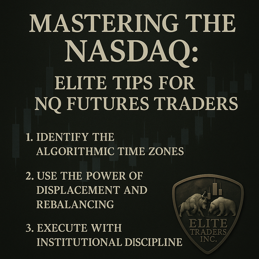 Black graphic titled ‘Mastering the Nasdaq: Elite Tips for NQ Futures Traders’ with frosted metallic text listing three pro trading tips and the Elite Traders Inc. shield logo in the corner