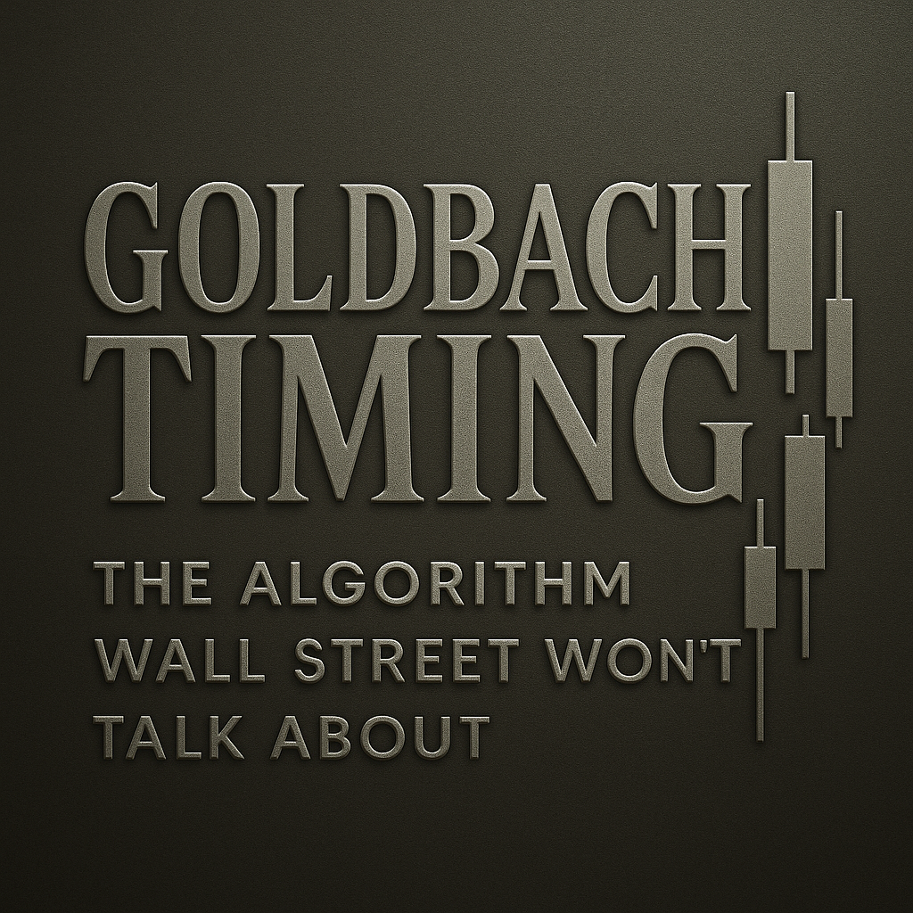 Frosted metallic graphic titled ‘Goldbach Timing: The Algorithm Wall Street Won’t Talk About’ featuring candlestick chart symbols on a dark background.
