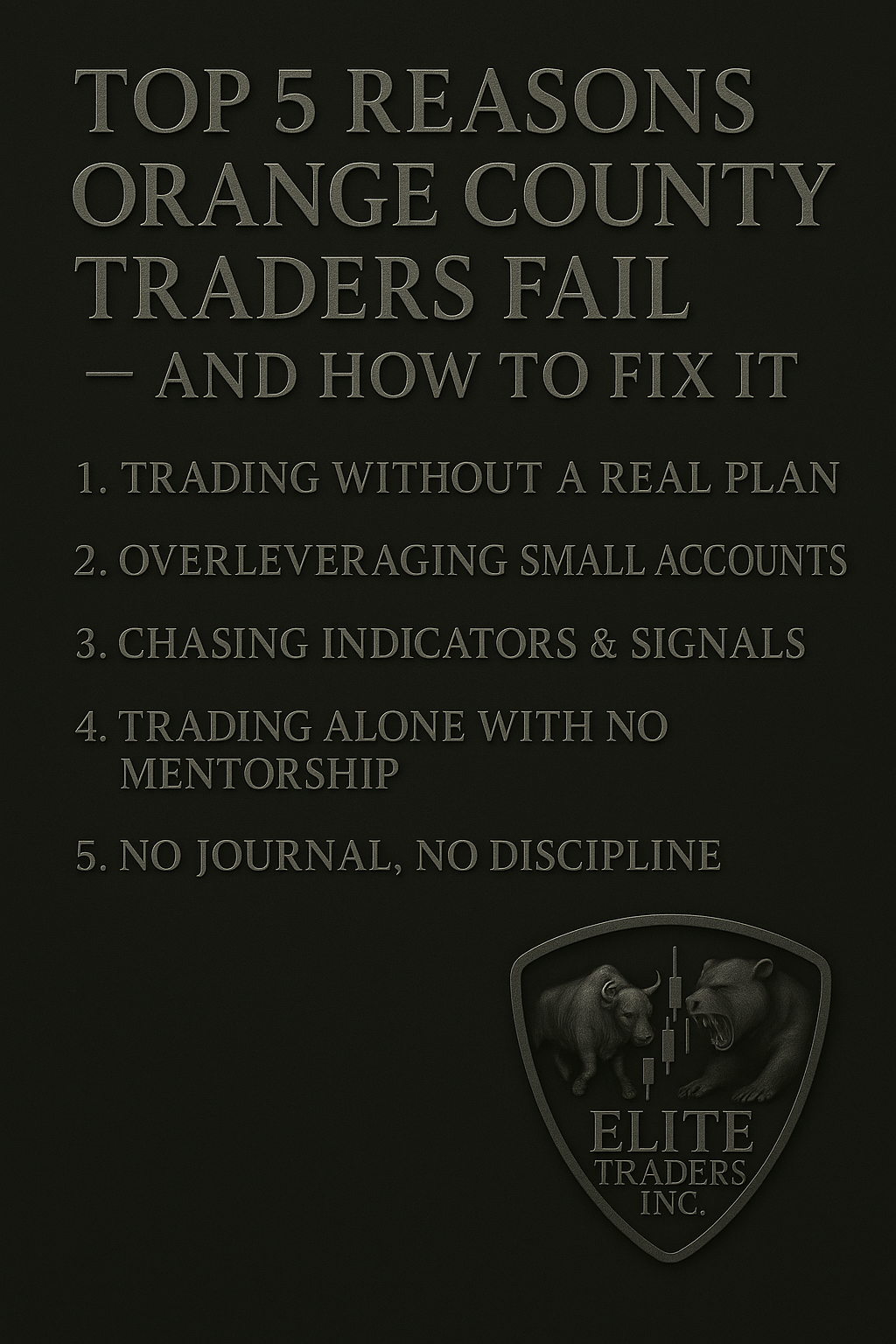 List graphic showing the top 5 reasons Orange County traders fail with Elite Traders Inc. logo on a black background