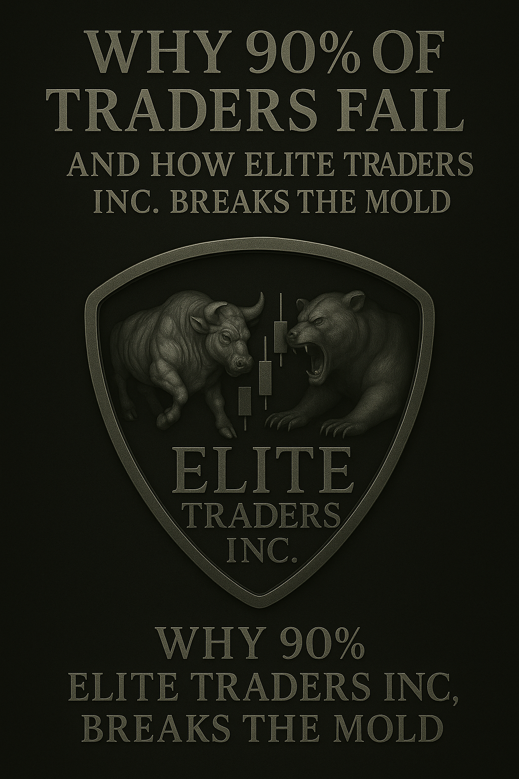 Promotional graphic with bold metallic text reading ‘Why 90% of Traders Fail and How Elite Traders Inc. Breaks the Mold,’ featuring a frosted metallic Elite Traders Inc. logo on a black background.”