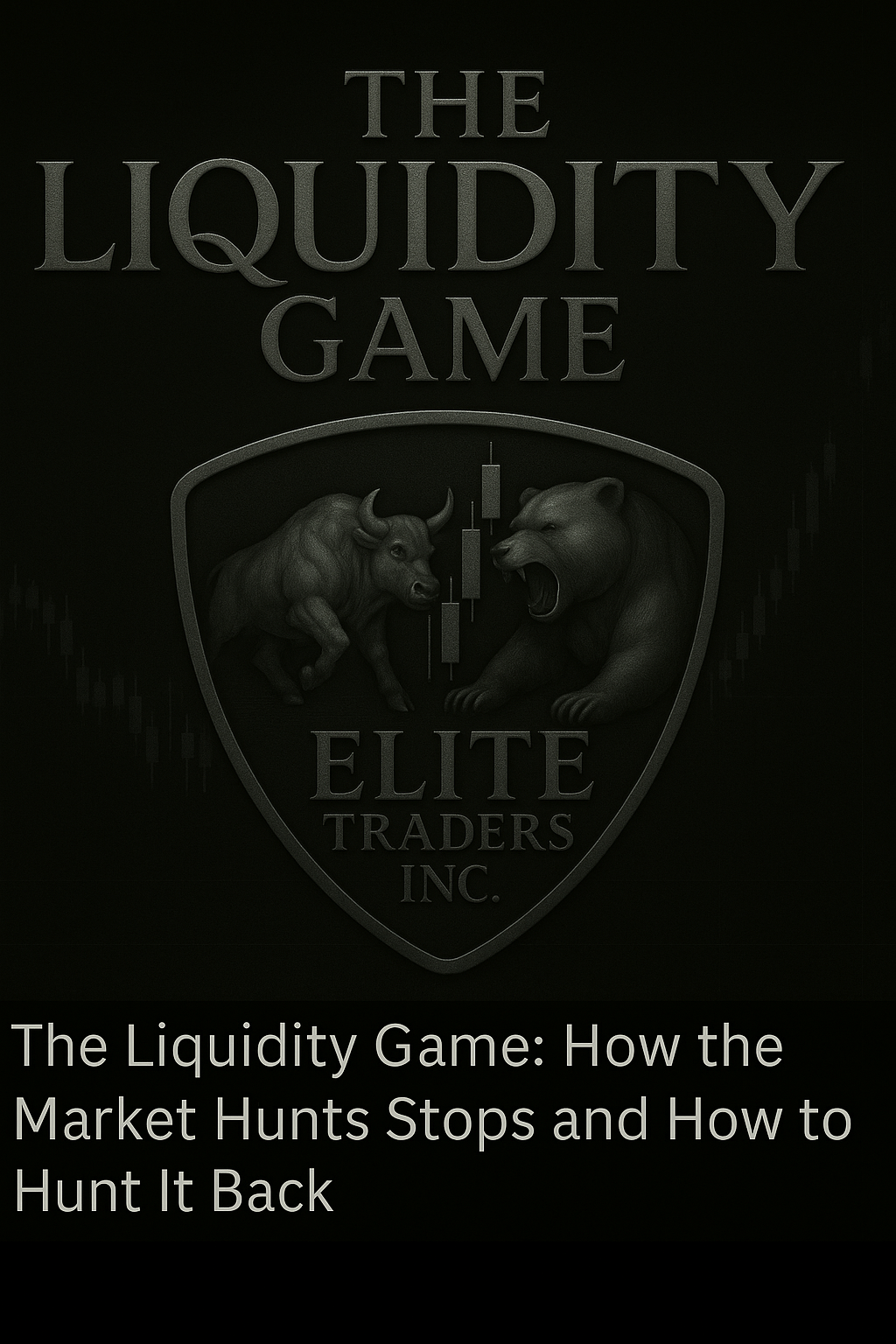 Frosted metallic graphic titled ‘The Liquidity Game: How the Market Hunts Stops and How to Hunt It Back’ featuring the Elite Traders Inc. logo on a dark background