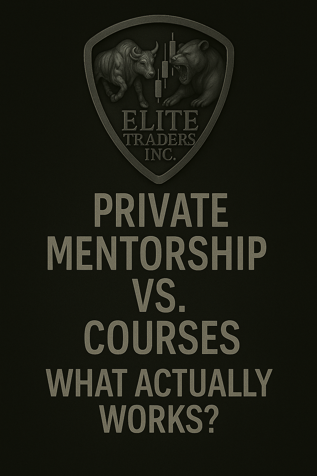 Elite Traders Inc. graphic comparing private mentorship vs. courses with bold frosted metallic text on a black background