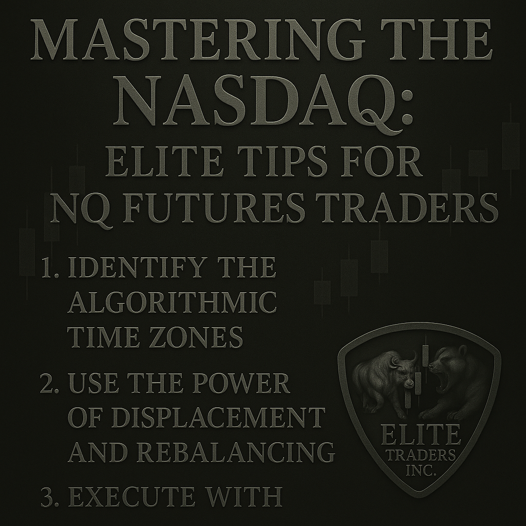 Mastering the Nasdaq tips graphic listing three trading strategies for NQ futures traders with Elite Traders Inc. logo on a black background