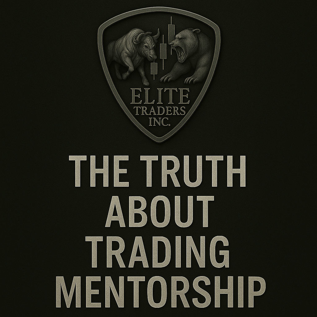 Digital graphic with a black background and frosted metallic text that reads ‘The Truth About Trading Mentorship’ beneath the Elite Traders Inc. shield logo featuring a silver bull and bear facing off over three candlesticks