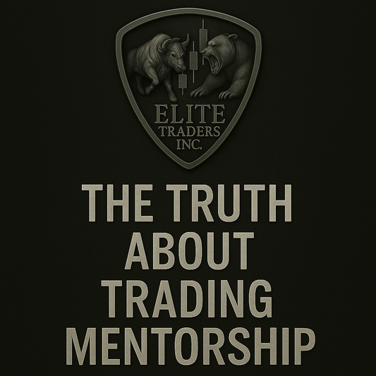 Digital graphic with a black background and frosted metallic text that reads ‘The Truth About Trading Mentorship’ beneath the Elite Traders Inc. shield logo featuring a silver bull and bear facing off over three candlesticks
