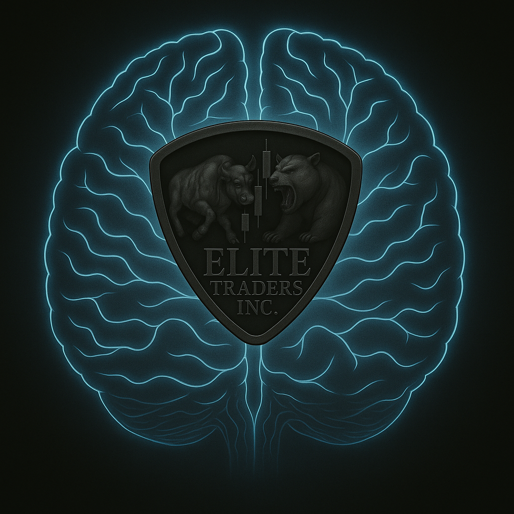 Digital brain graphic with a glowing blue neural outline and the Elite Traders Inc. logo at the center, symbolizing trading psychology and mindset