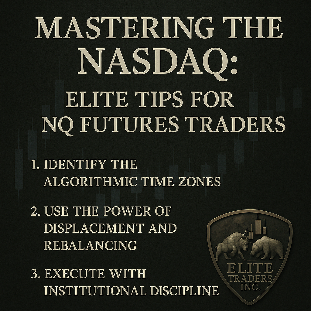 Black graphic titled ‘Mastering the Nasdaq: Elite Tips for NQ Futures Traders’ with frosted metallic text listing three pro trading tips and the Elite Traders Inc. shield logo in the corner